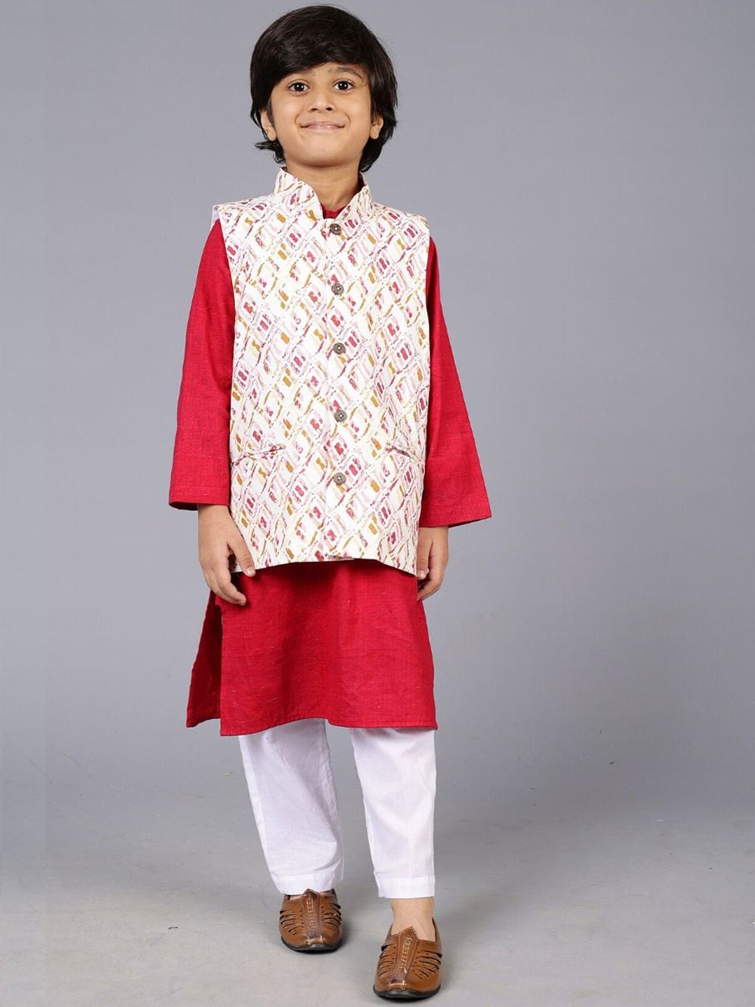 

BAESD Kids Straight Cotton Mandarin Collar Straight Kurta With Pyjama & Nehru Jacket, Red