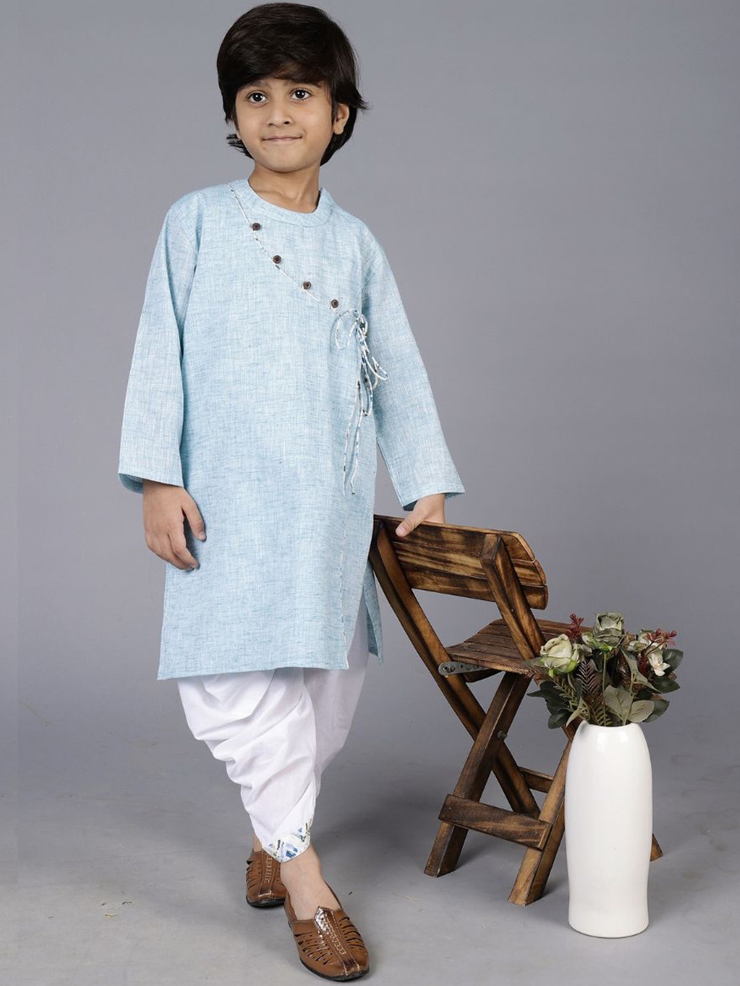 

BAESD Boys Pure Cotton Tie Up Angrakha Kurta With Dhoti Pant, Blue