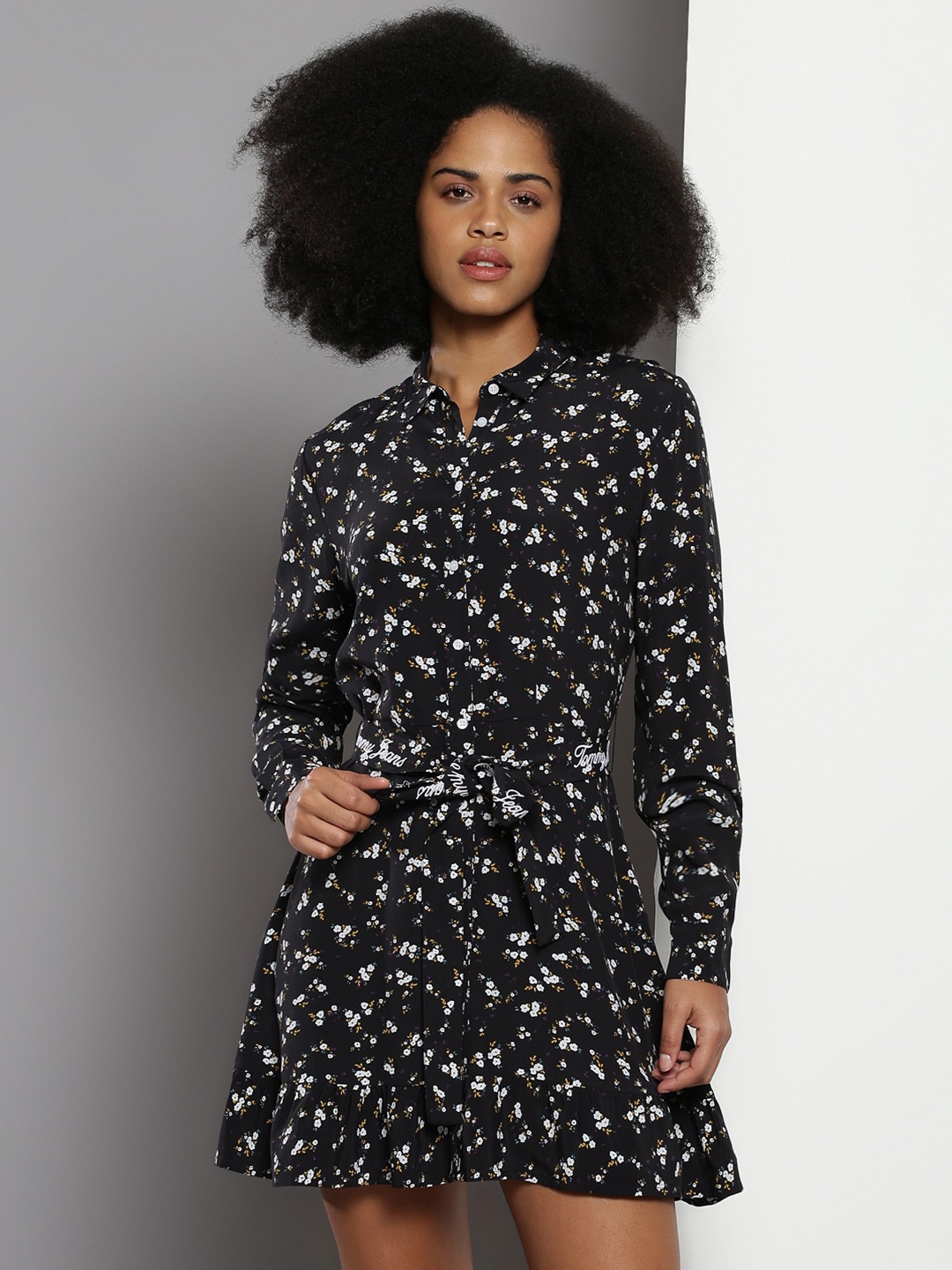 

Tommy Hilfiger Shirt Collar Floral Print Shirt Dress, Black