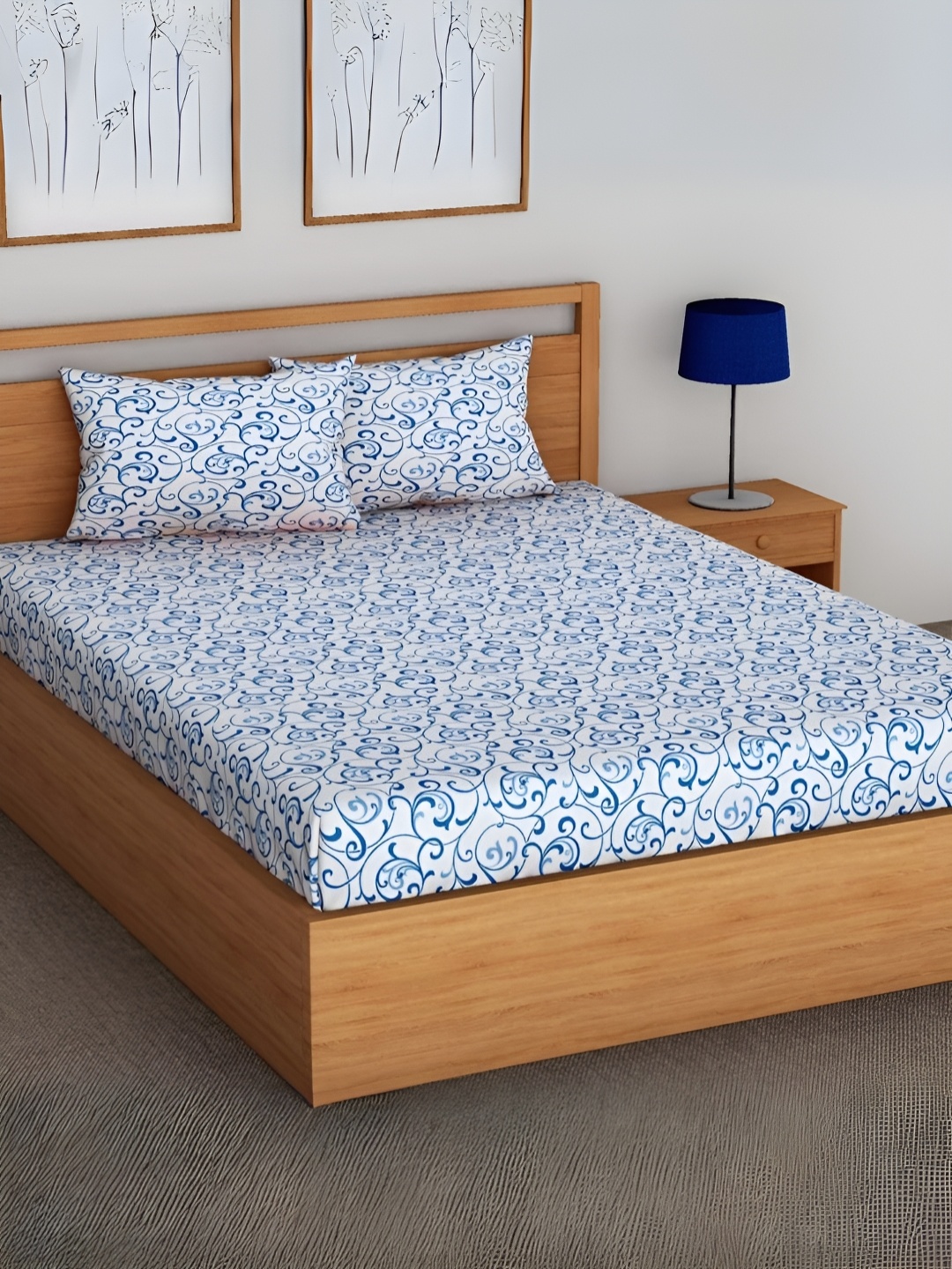 

Aurave Blue & White Floral Cotton 144 TC Single Bedsheet with 2 Pillow Covers