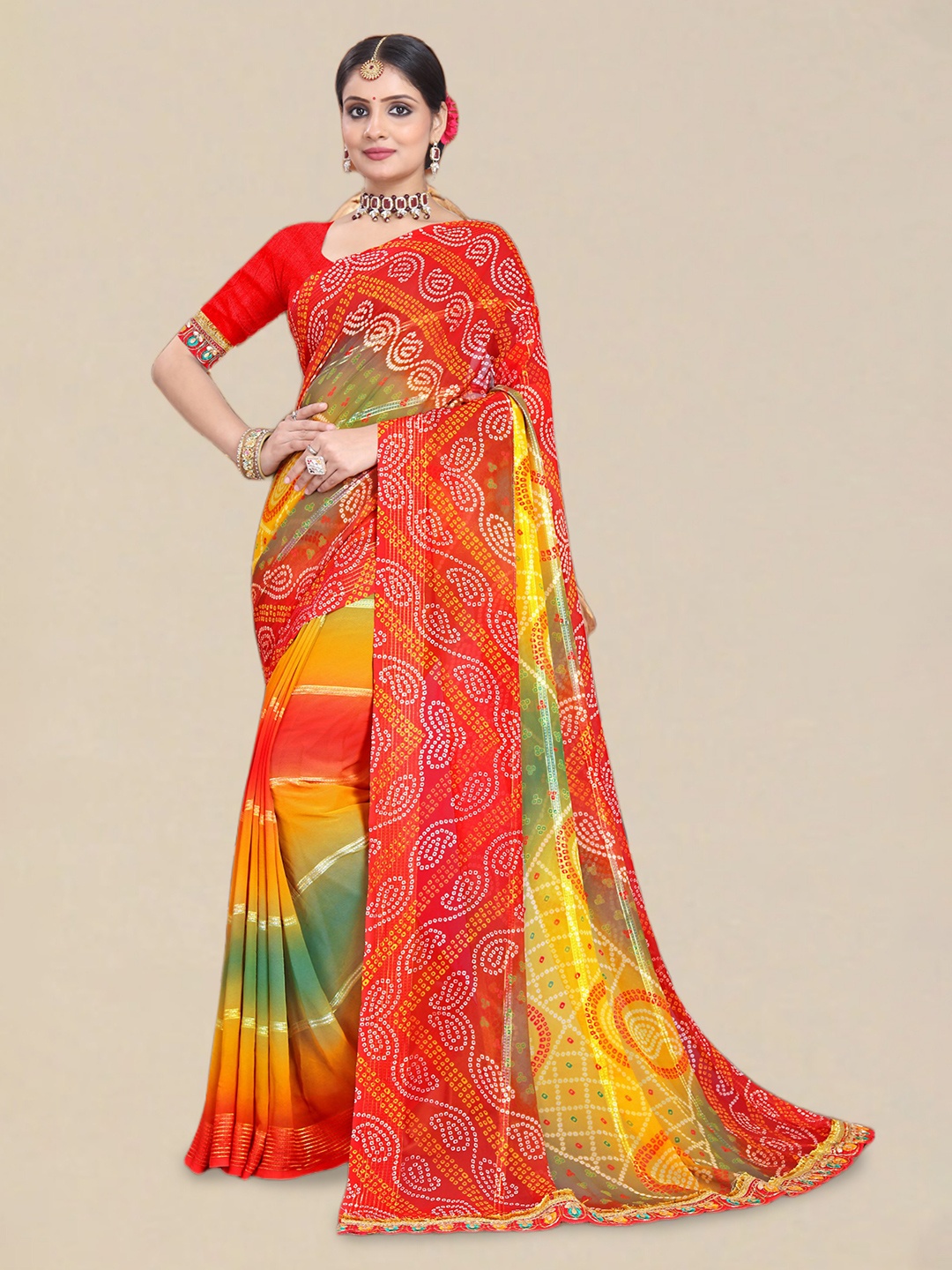 

Mitera Yellow Bandhani Printed Poly Georgette Bandhani Saree
