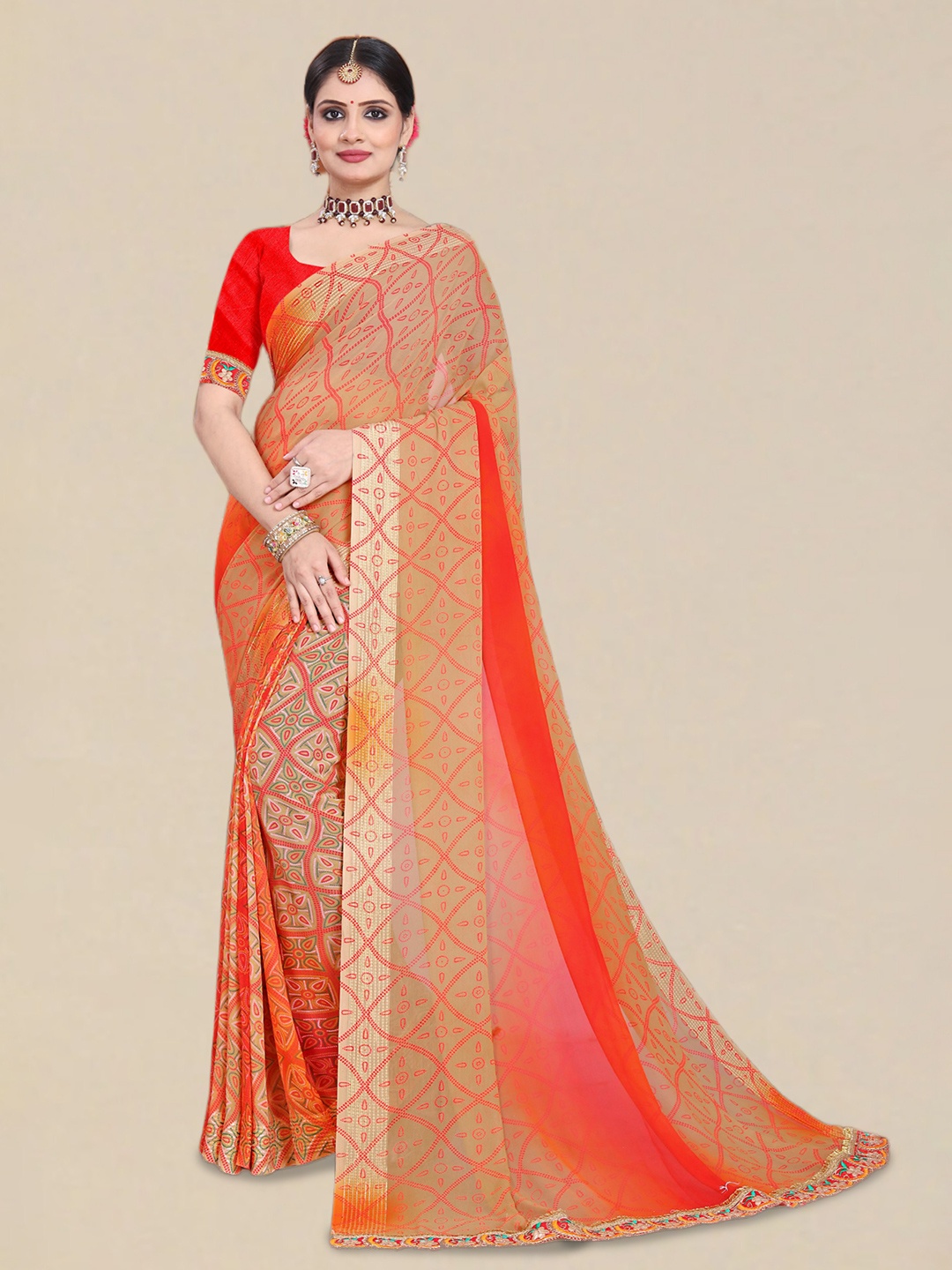 

Mitera Beige & Orange-Coloured Ethnic Motifs Printed Bandhani Saree