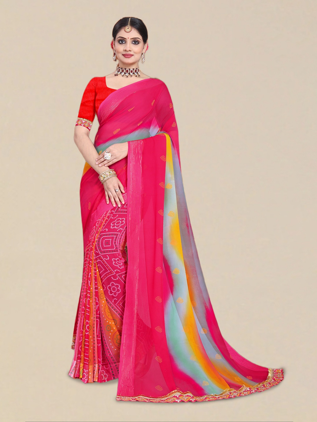 

Mitera Pink Printed Bandhani Saree