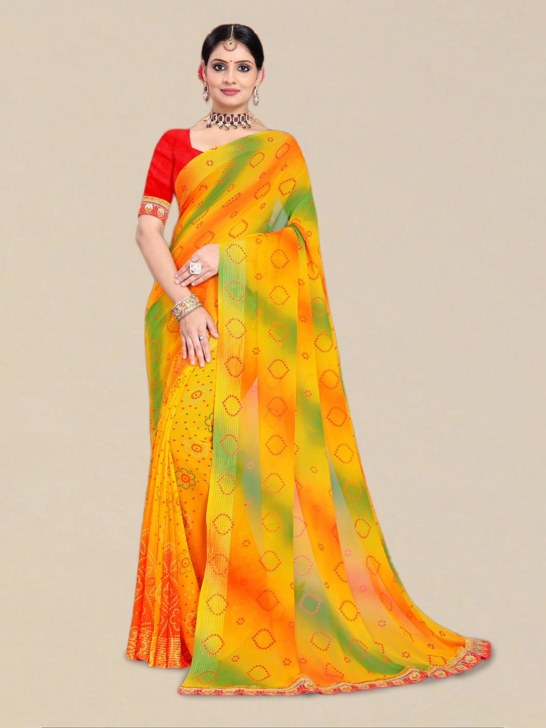 

Mitera Yellow Bandhani Printed Bandhani Saree