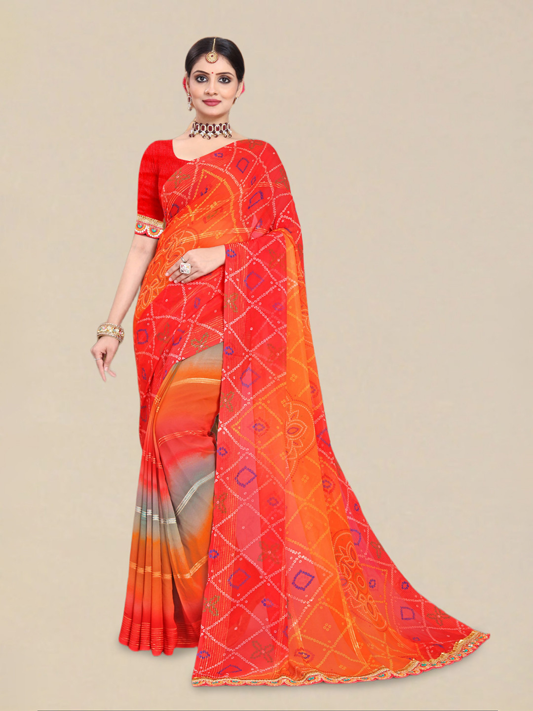 

Mitera Bandhani Printed Bandhani Saree, Red