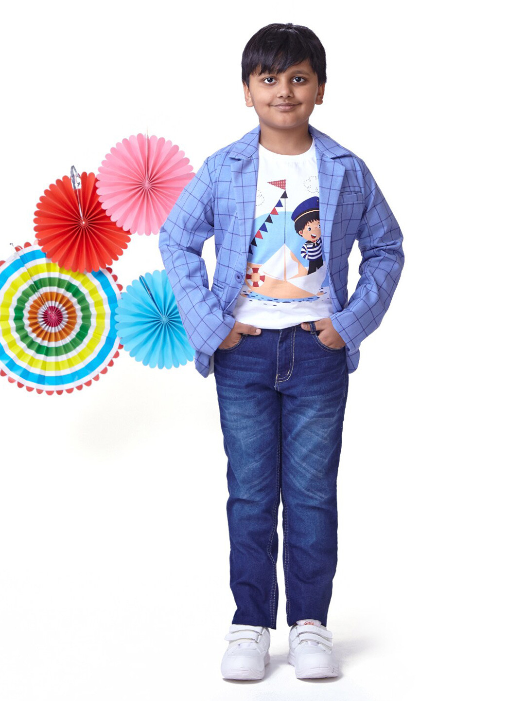 

Knit N Knot Boys Printed Pure Cotton T-shirt & Jeans With Blazer, White