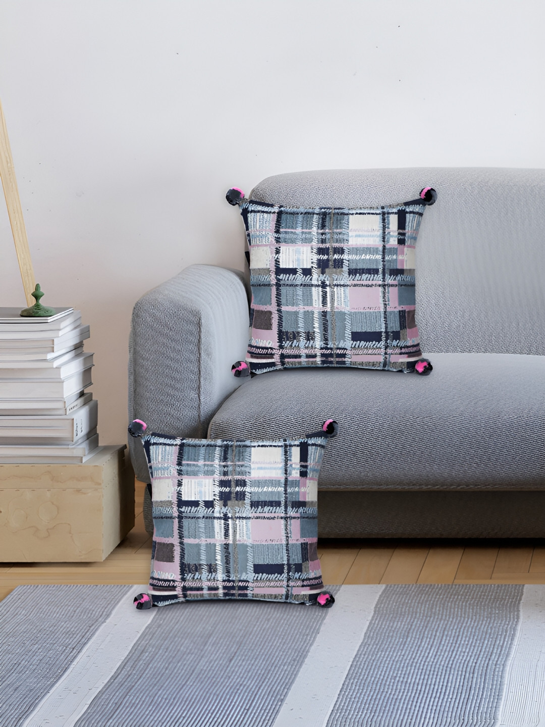 

Mezposh Blue & Pink 2 Pcs Checked Square Cushion Covers