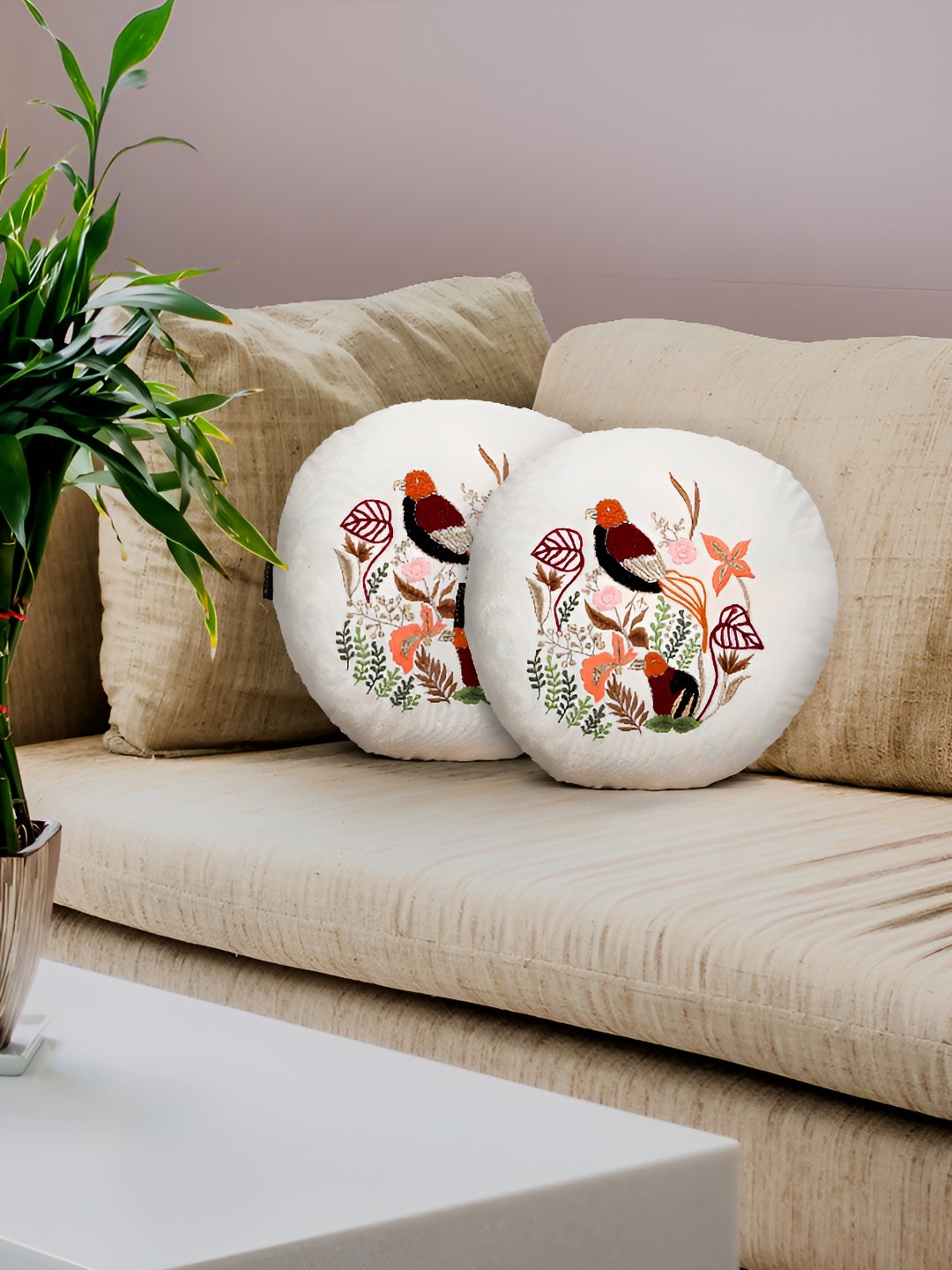 

MEZPOSH Set Of 2 Multicloured Embroidered Round Cushion Covers, Off white
