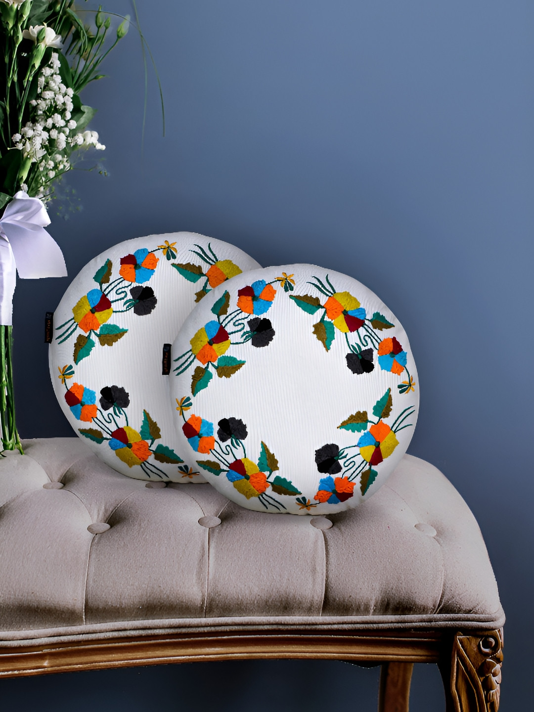 

Mezposh White & Green 2 Pcs Floral Embroidered Round Cushion Covers