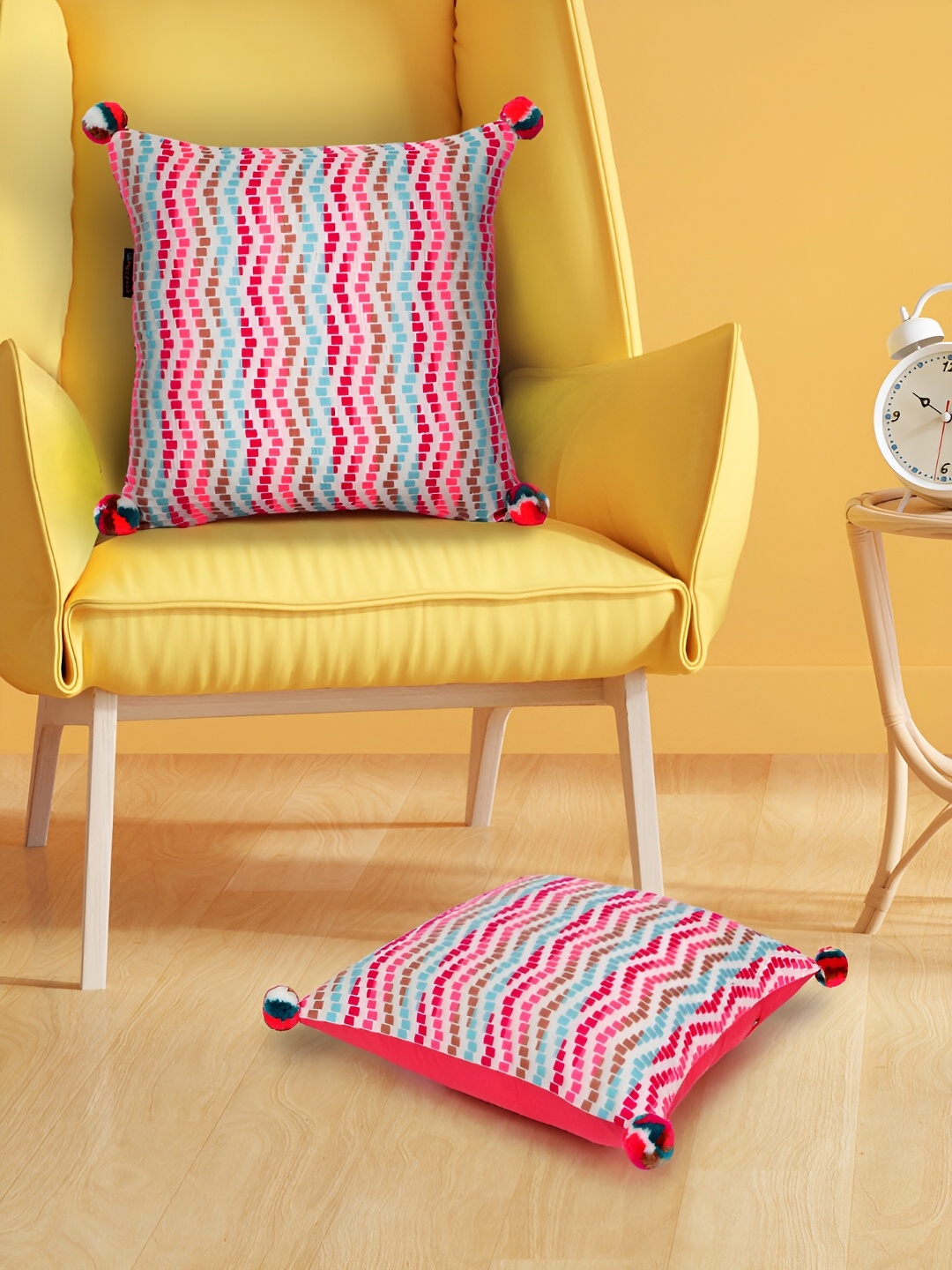 

Mezposh Natural & Multi 2 Pcs Striped Square Cushion Covers, Off white