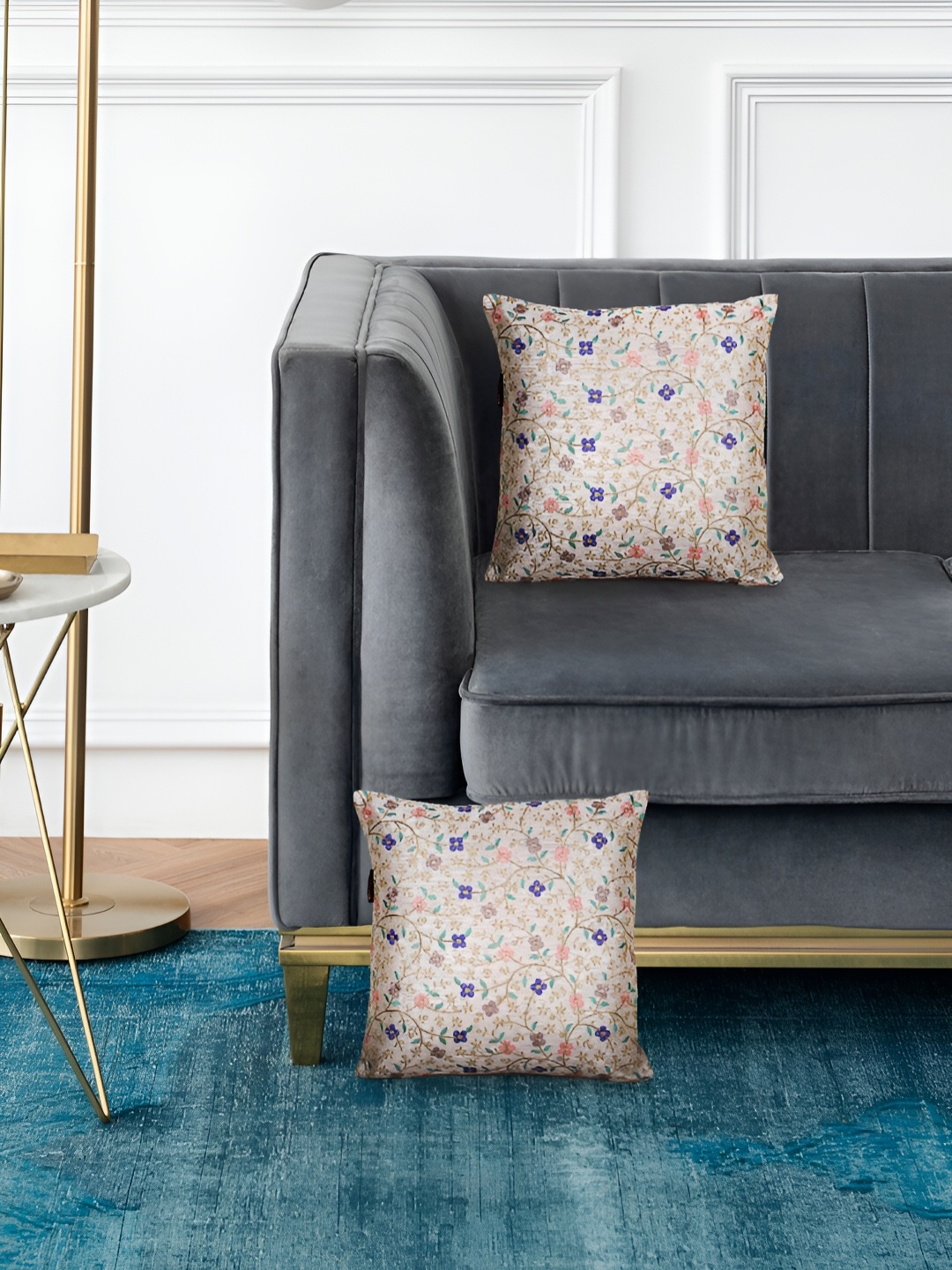 

Mezposh Cream-Coloured & Blue 2 Pcs Floral Embroidered Square Cushion Covers