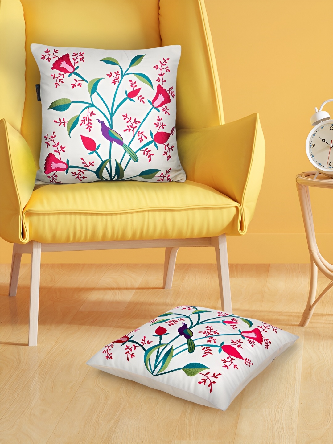 

Mezposh Off White & Green 2 Pcs Embroidered Square Cushion Covers