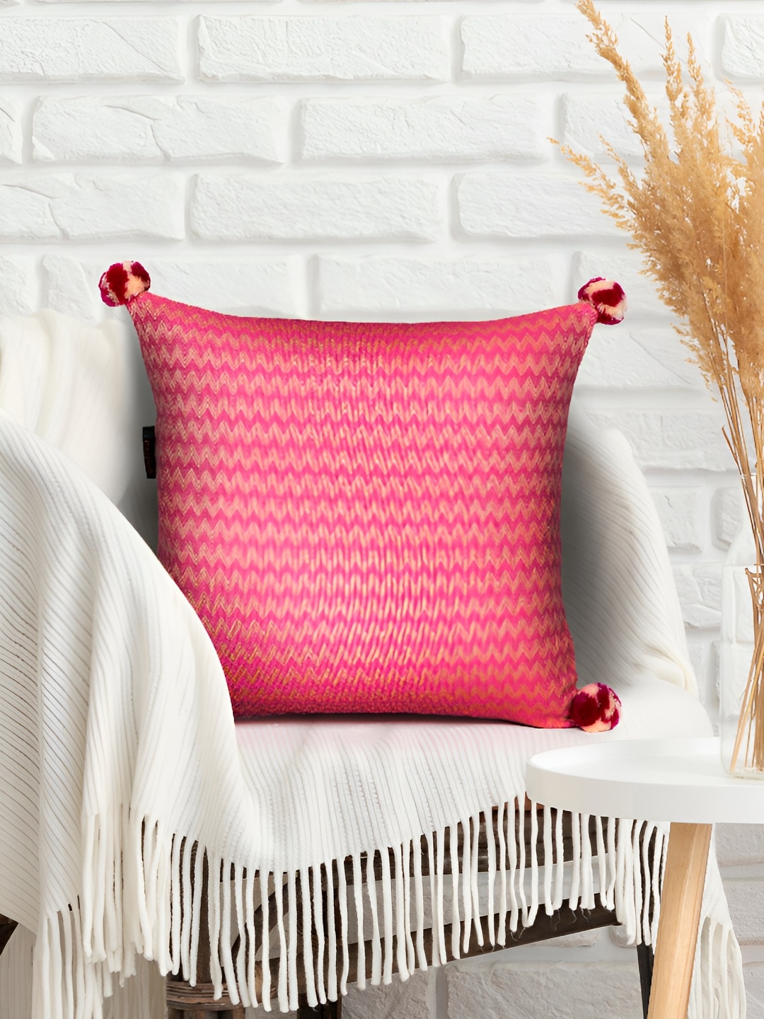 

Mezposh Pink & Beige Striped Cotton Square Cushion Cover