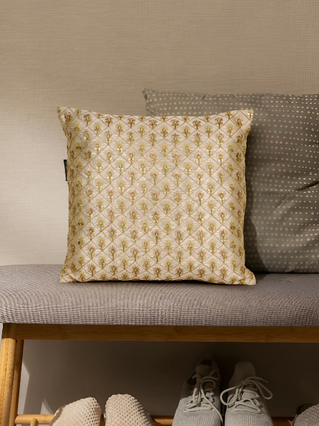 

Mezposh Beige & Gold-Toned Embroidered Square Cushion Covers