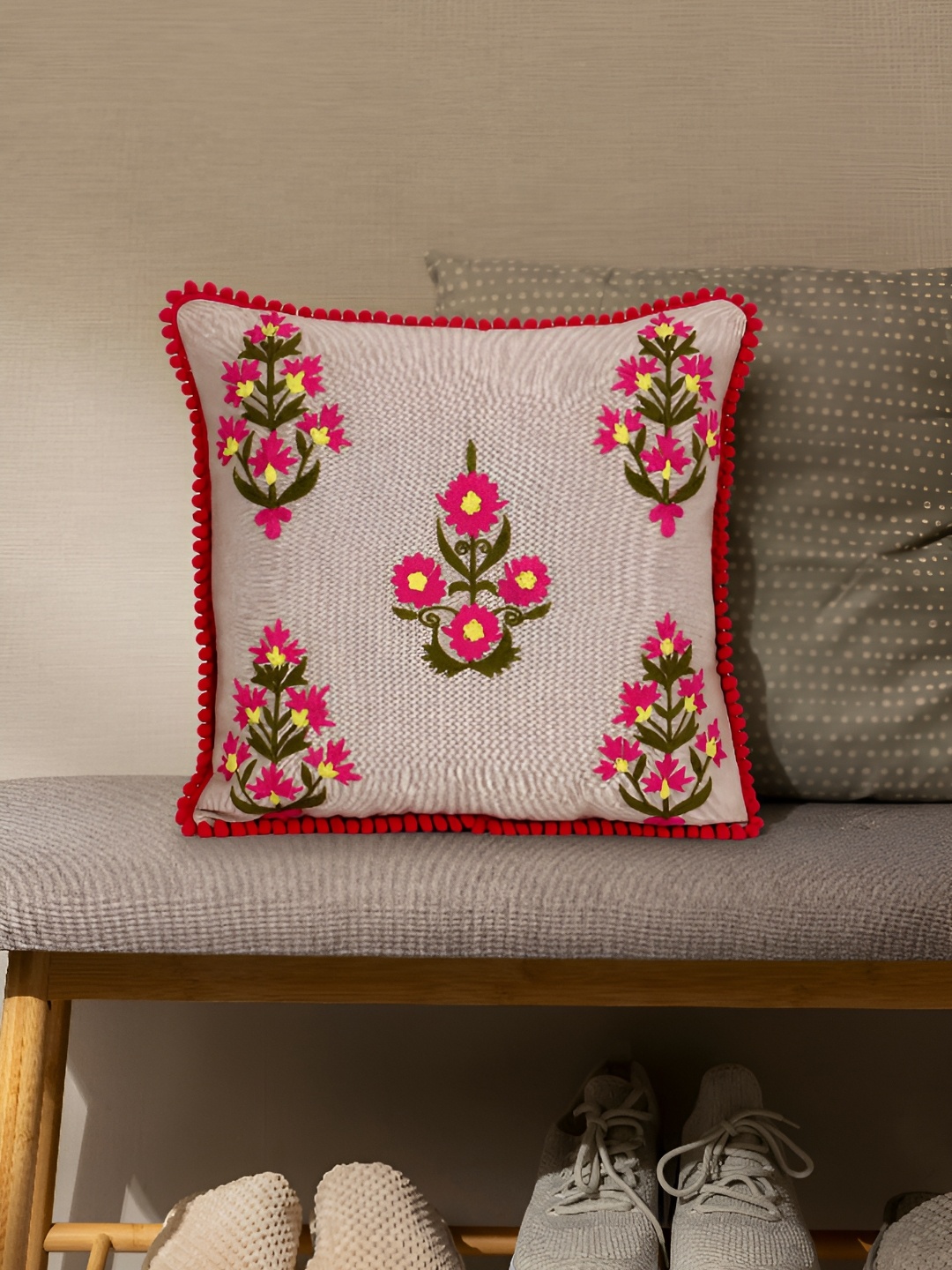 

Mezposh Beige & Fuchsia Floral Embroidered Square Cushion Cover