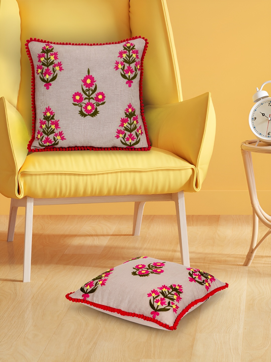 

Mezposh Set Of 2 Beige & Pink Floral Square Cushion Covers
