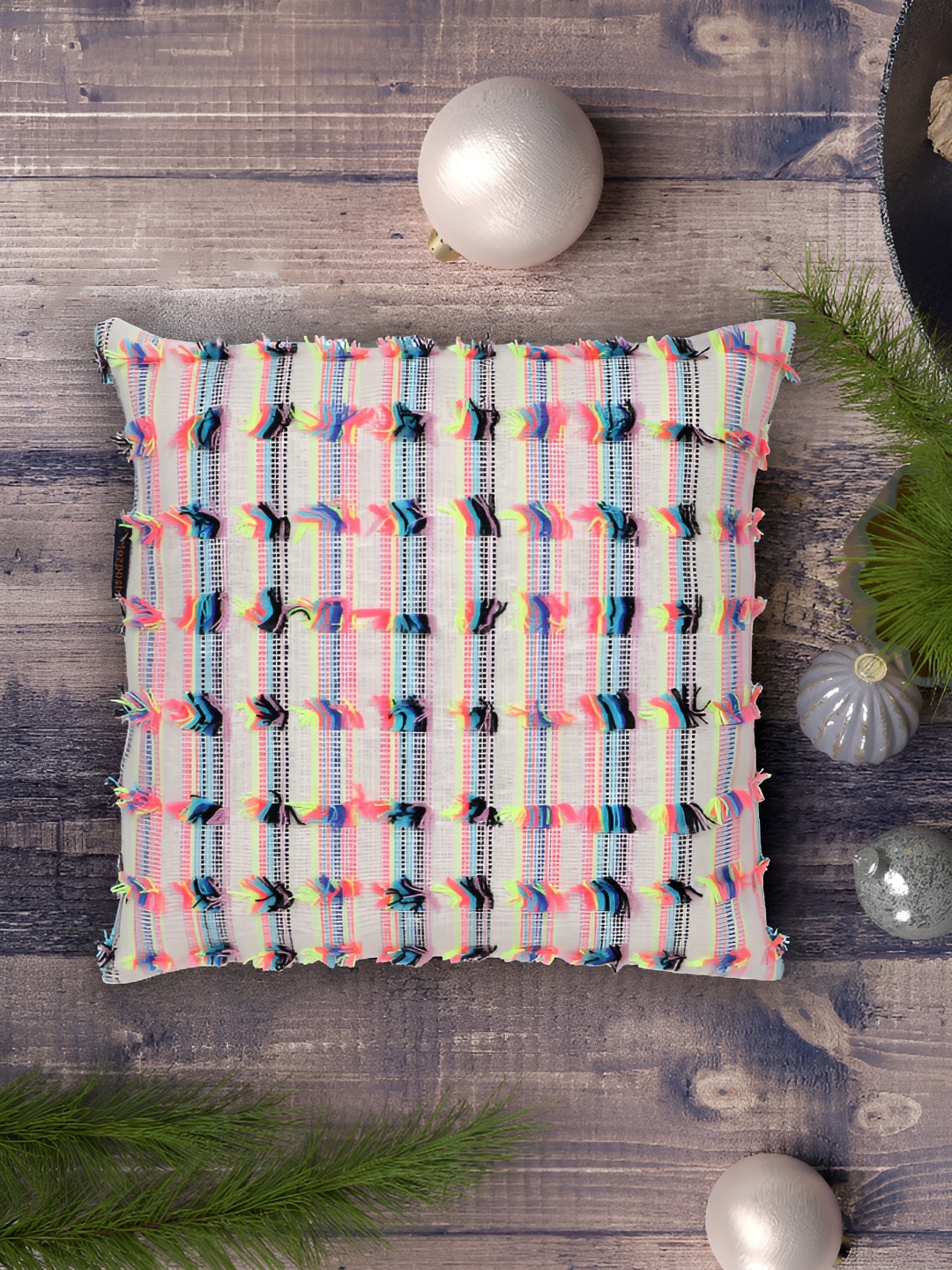 

Mezposh Multicolored Cotton Square Cushion Covers, Cream