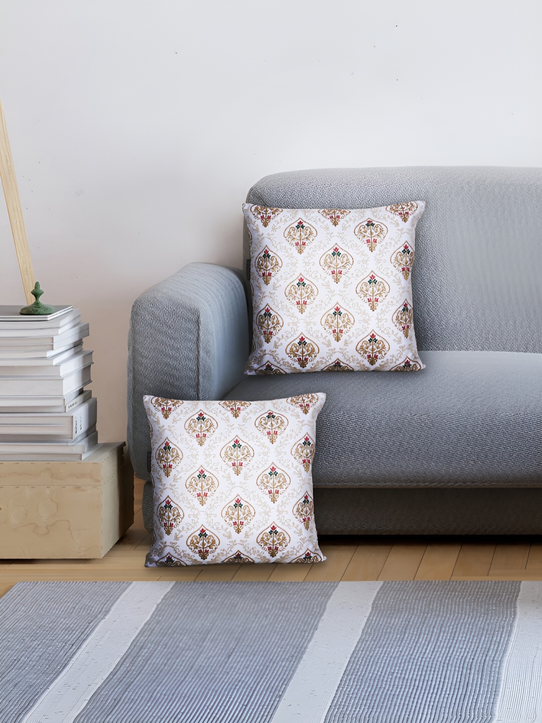 

MEZPOSH White & Gold-Toned Set Of 2 Ethnic Motifs Embroidered Square Cushion Covers