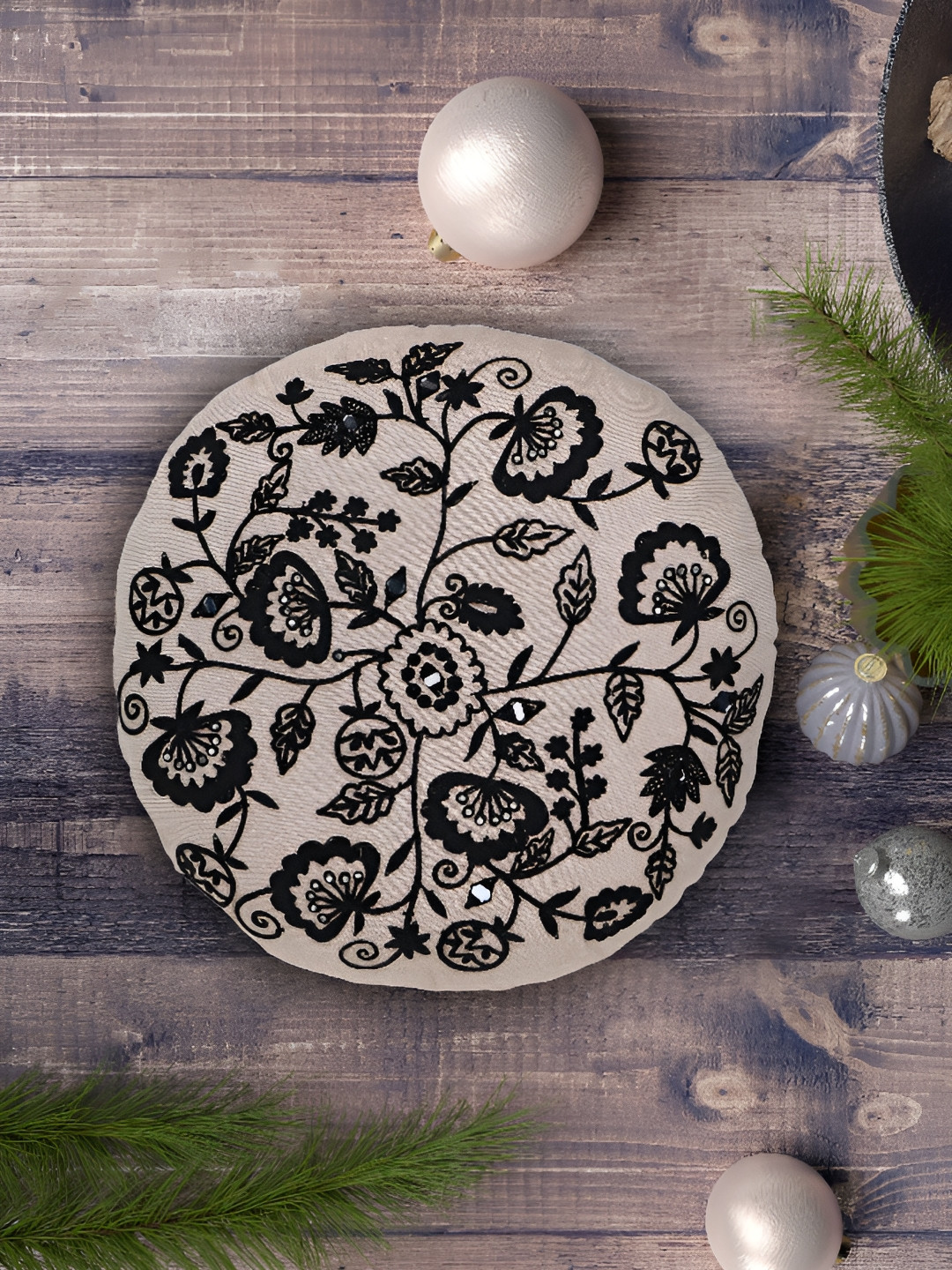 

Mezposh Beige & Black Floral Embroidered Round Cushion Cover