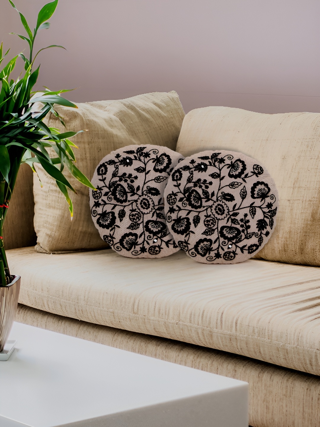 

Mezposh Beige & Black 2 Pcs Embroidered Round Cushion Covers