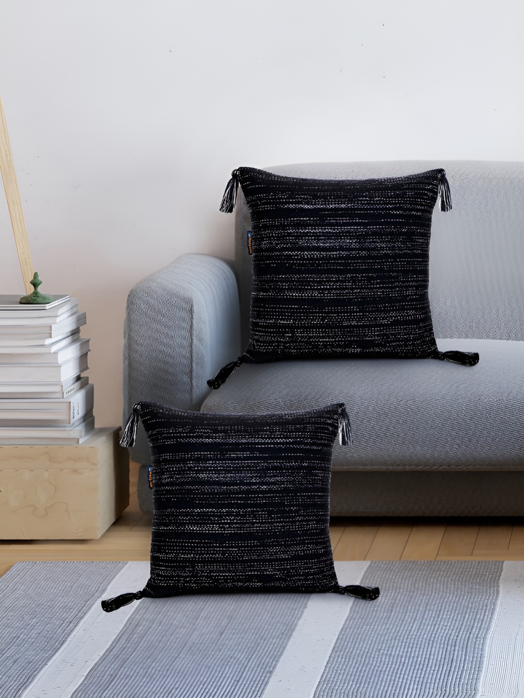 

Mezposh Black 2 Pcs Striped Cotton Square Cushion Covers