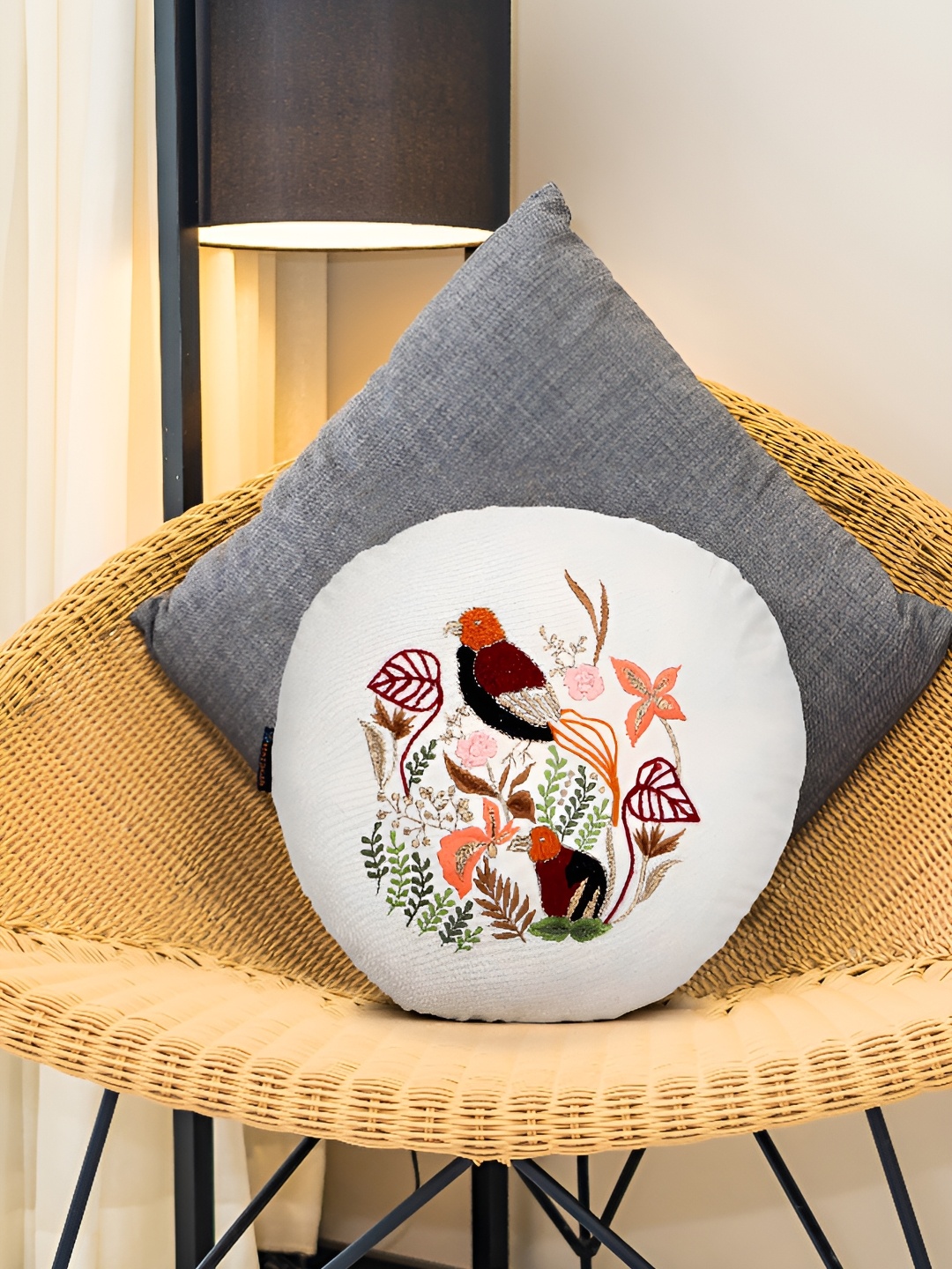 

Mezposh Off White & Multi Embroidered Round Cushion Cover