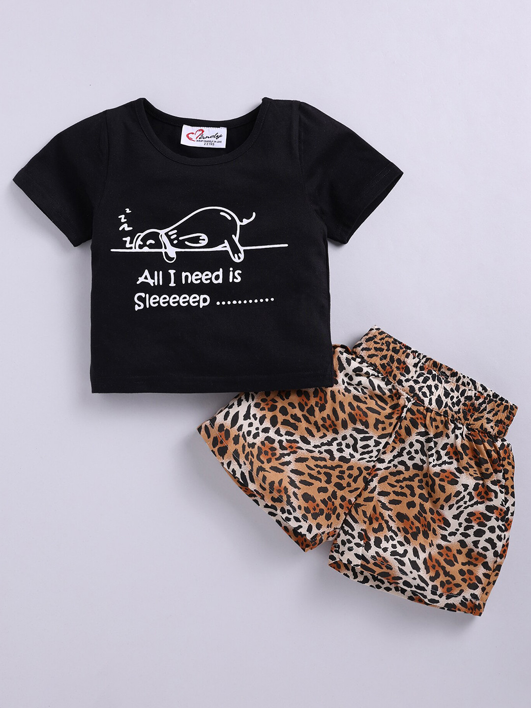 

M'andy Girls Printed Pure Cotton T-shirt with Shorts, Black