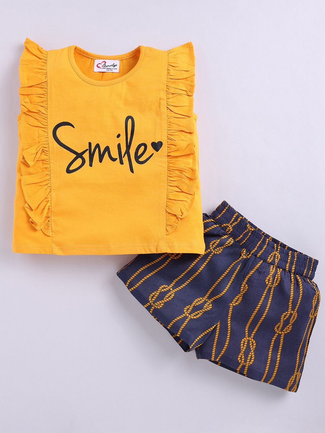 M'andy Girls Printed Pure Cotton Top with Shorts, Yellow
