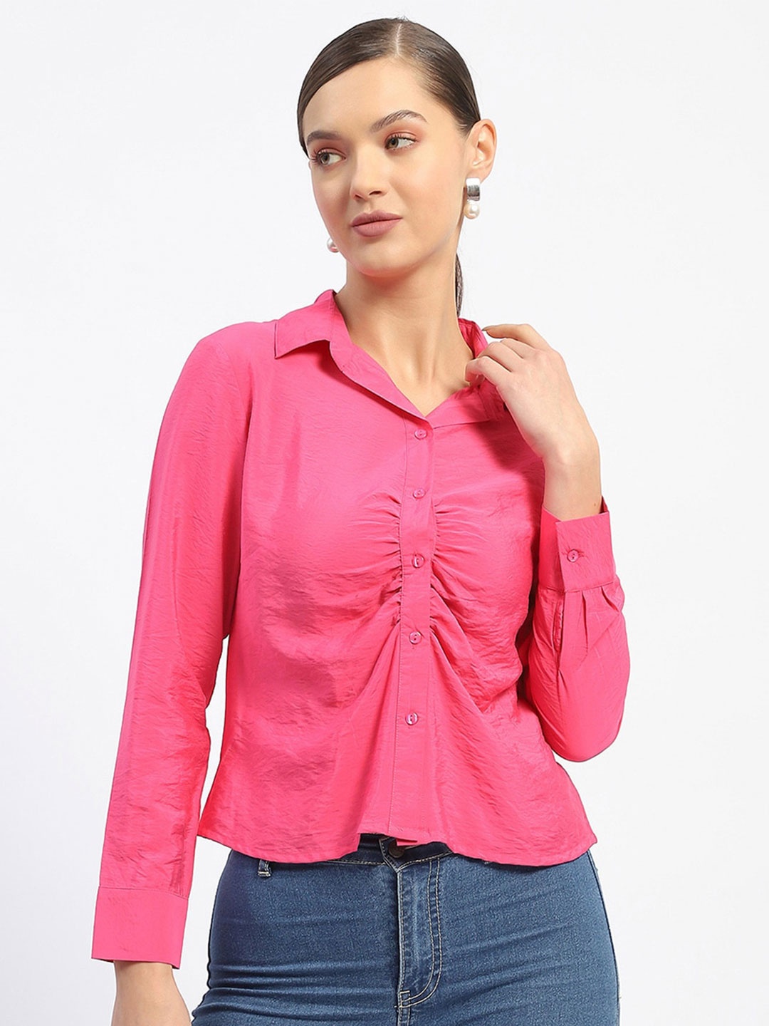 

Madame Regular Fit Gathered Casual Shirt, Pink