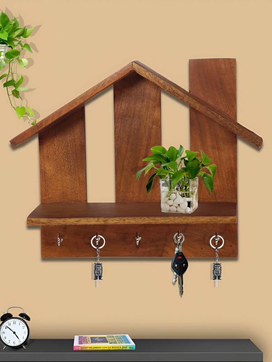 

GLOBALLY INDIAN Brown Wooden Wall Shelf with Keyholders