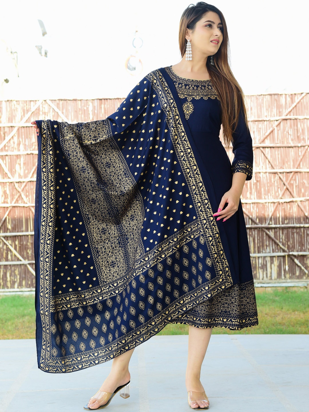 

SIPET Ethnic Motifs Woven Design Panelled Gotta Patti Flared A-Line Kurta, Blue