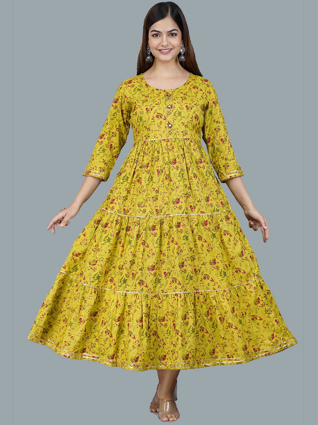 

SIPET Floral Printed Round Neck Pleated Anarkali Kurta, Yellow