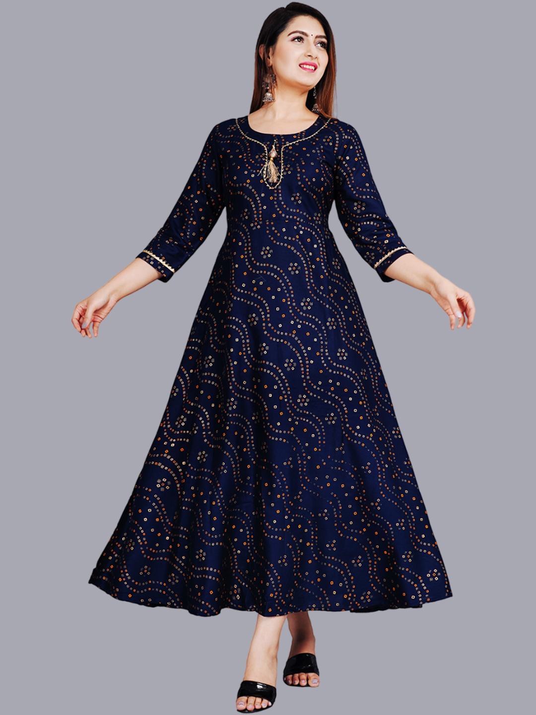

SIPET Round Neck Bandhani Printed Gotta Patti Anarkali Kurta, Blue