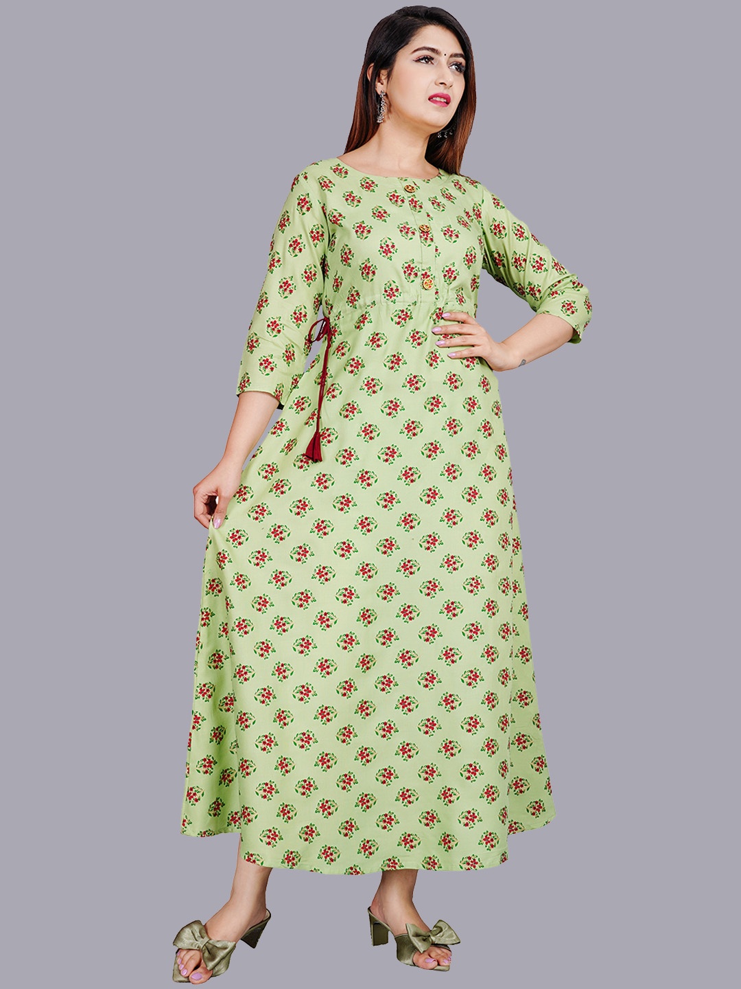 

SIPET Floral Printed Round Neck A-Line Kurta, Green