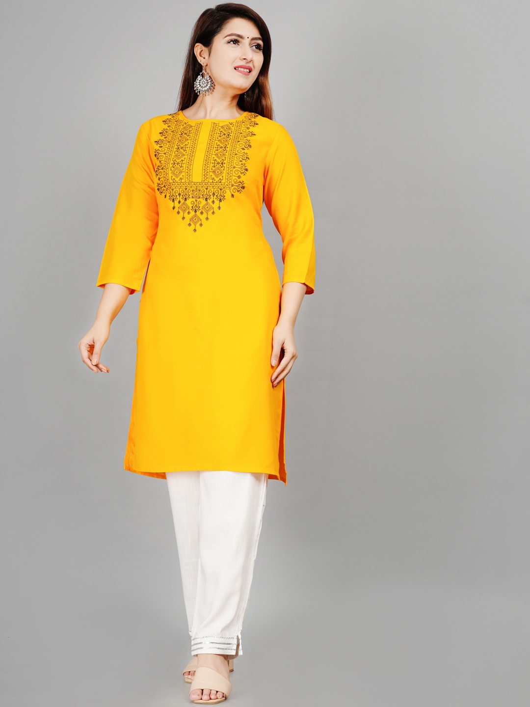 

SIPET Yoke Design Embroidered Straight Kurta, Yellow