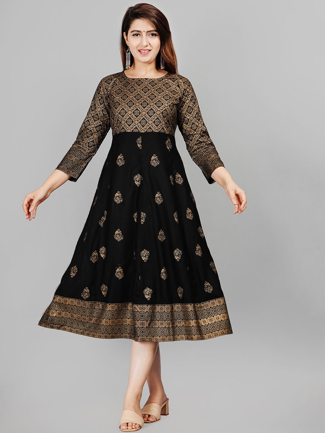 

SIPET Ethnic Motifs Printed A-Line Kurta, Black