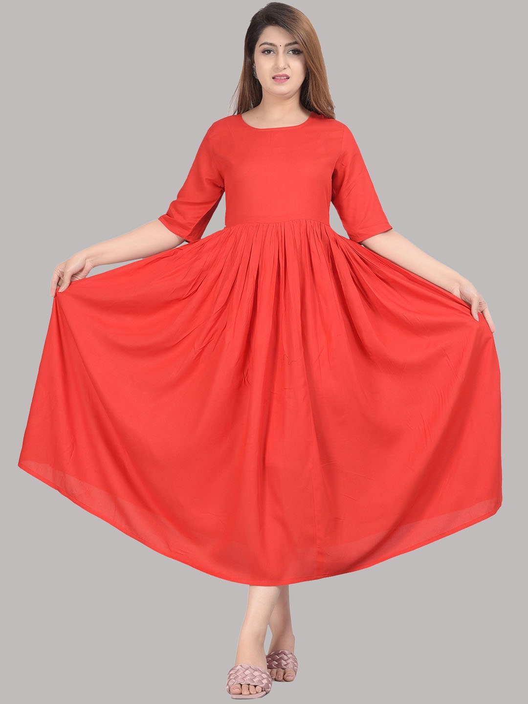 

SIPET Round Neck Gathered Fit & Flare Dress, Red