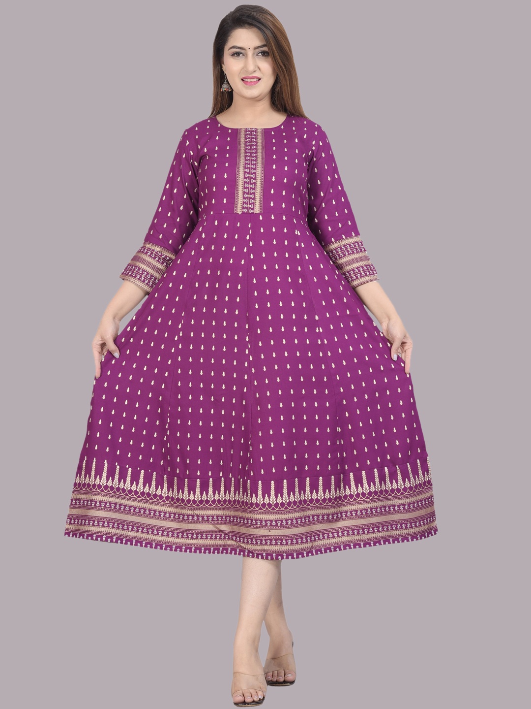 

SIPET Round Neck Ethnic Motifs Printed Gotta Patti A-Line Kurta, Purple