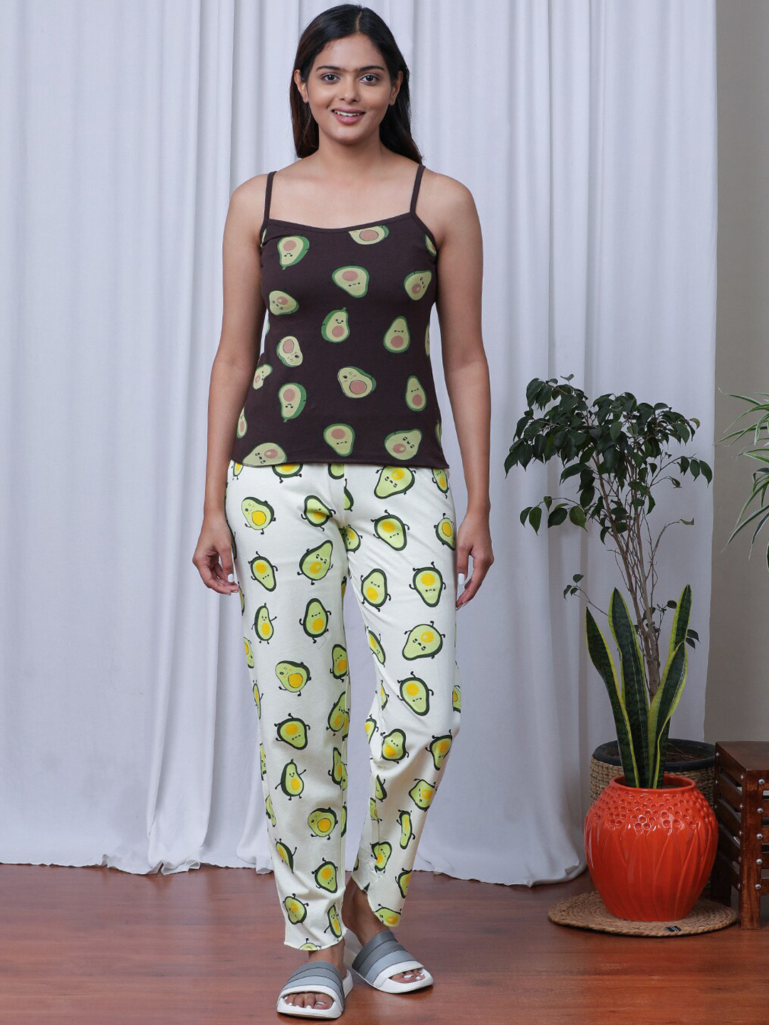 

Slumber Jill Geometric Printed Shoulder Straps Sleeveless Pure Cotton Top With Pyjamas, Yellow