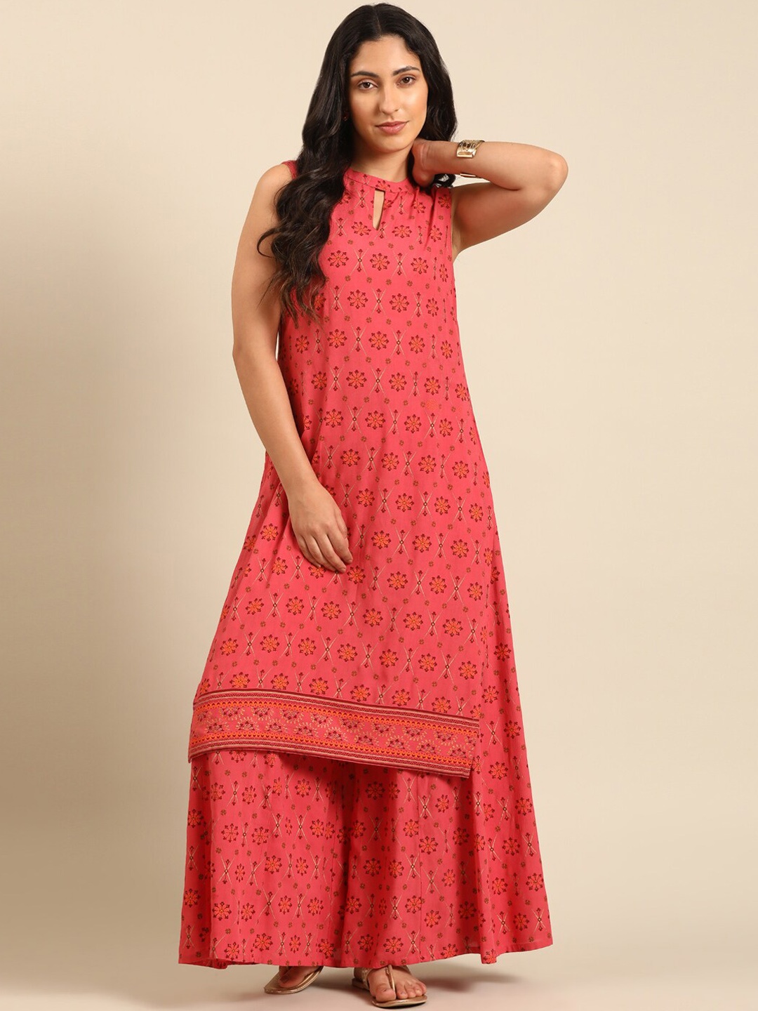 

IMARA Floral Printed Round Neck Straight Kurta with Palazzos, Coral