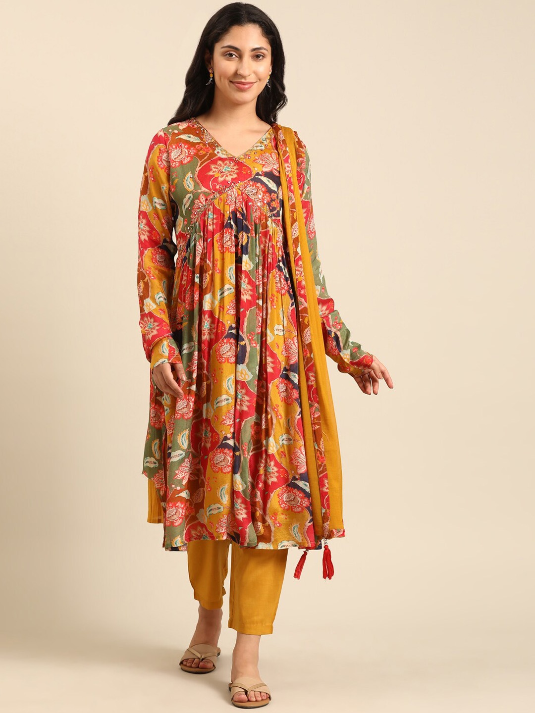 

IMARA Floral Printed Empire Anarkali Kurta with Trousers & Dupatta, Yellow