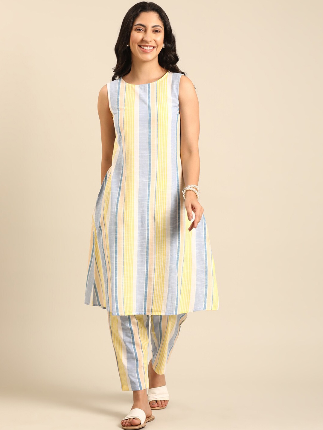 

IMARA Striped Regular Kurta & Trousers, Yellow