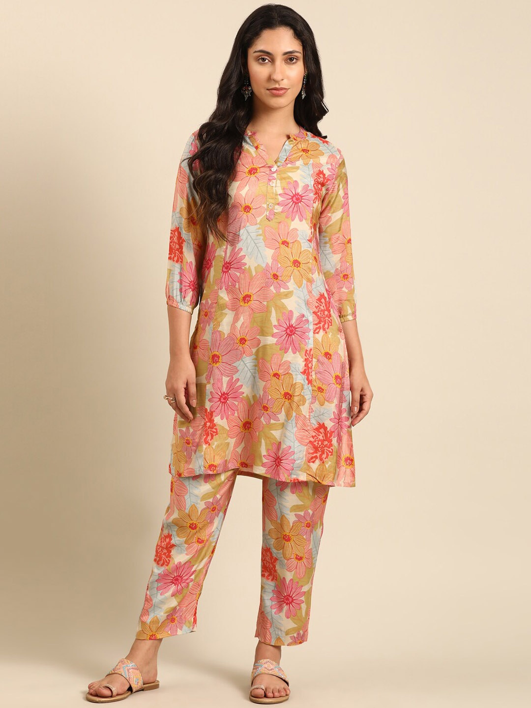 

IMARA Mandarin Collar Floral Printed Regular Straight Kurta with Trousers, Pink