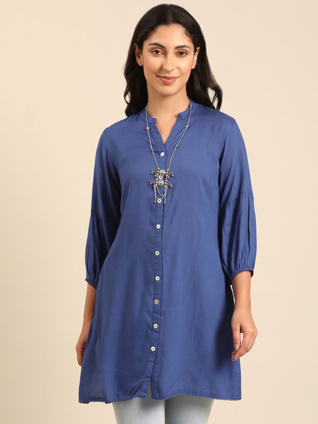 

IMARA Mandarin Collar Puff Sleeve Shirt Style Longline Casual Top, Blue