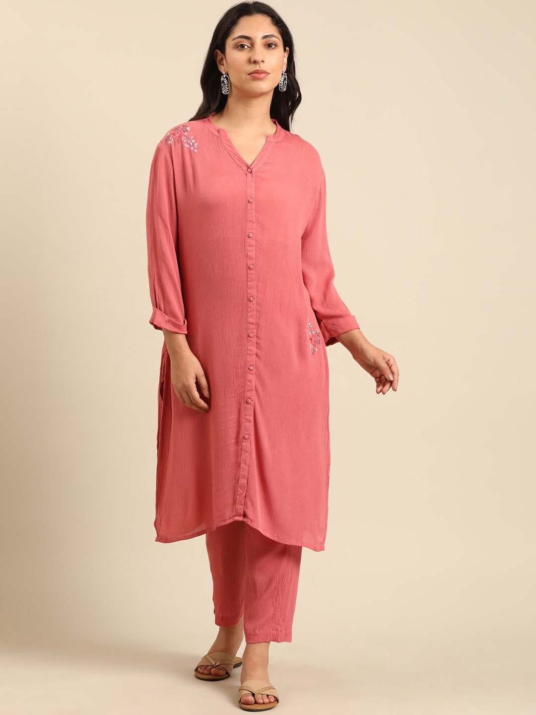 

IMARA Floral Regular Straight Kurta & Trousers, Coral