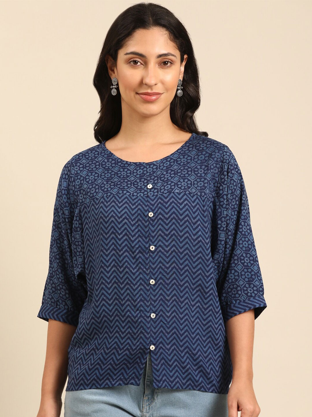 

IMARA Geometric Print Round Neck Extended Sleeves Regular Top, Blue