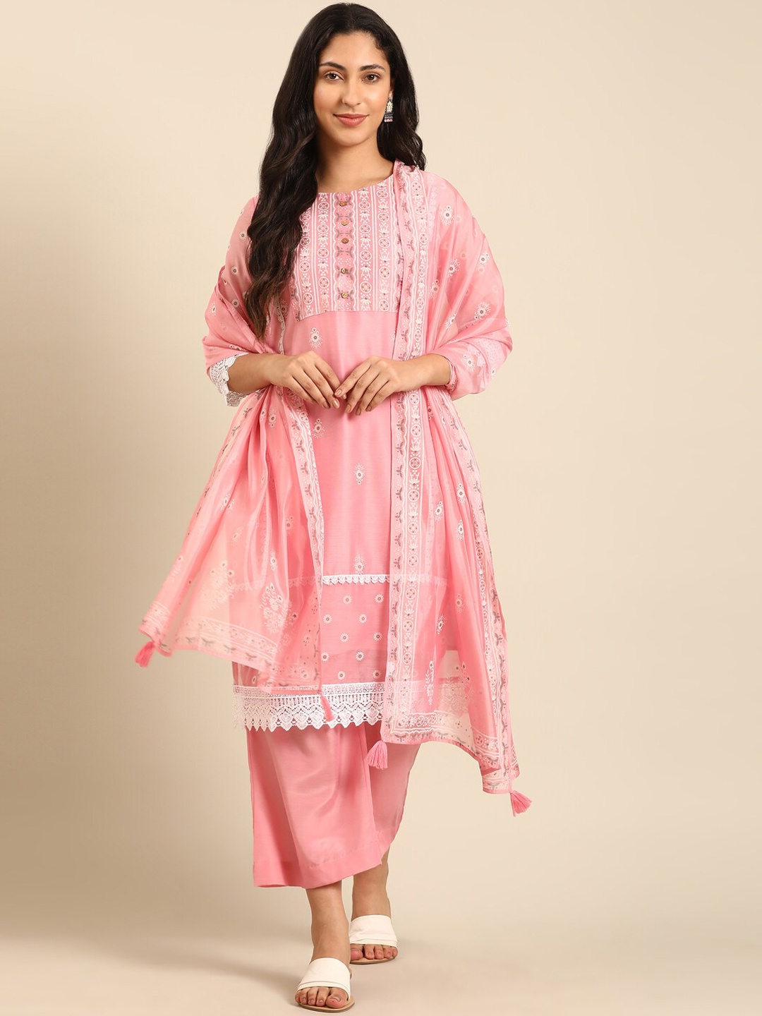 

IMARA Floral Printed Regular Thread Work Straight Kurta with Trousers & Dupatta, Pink