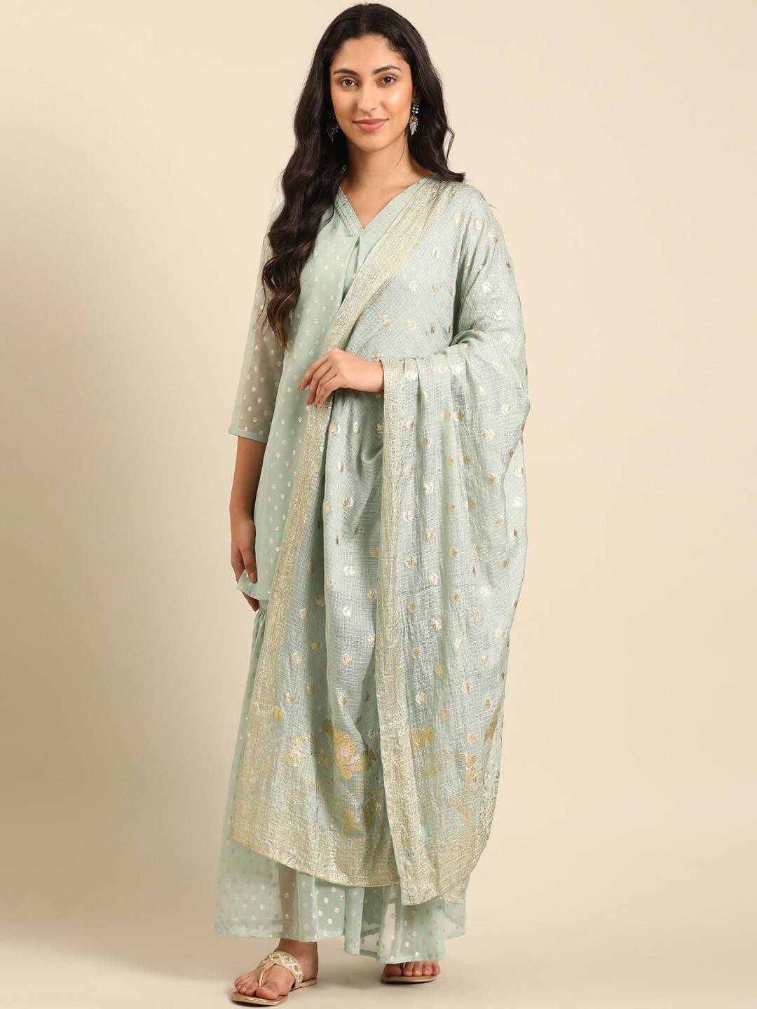 

IMARA V-Neck Floral Printed Regular Straight Kurta with Sharara & Dupatta, Green