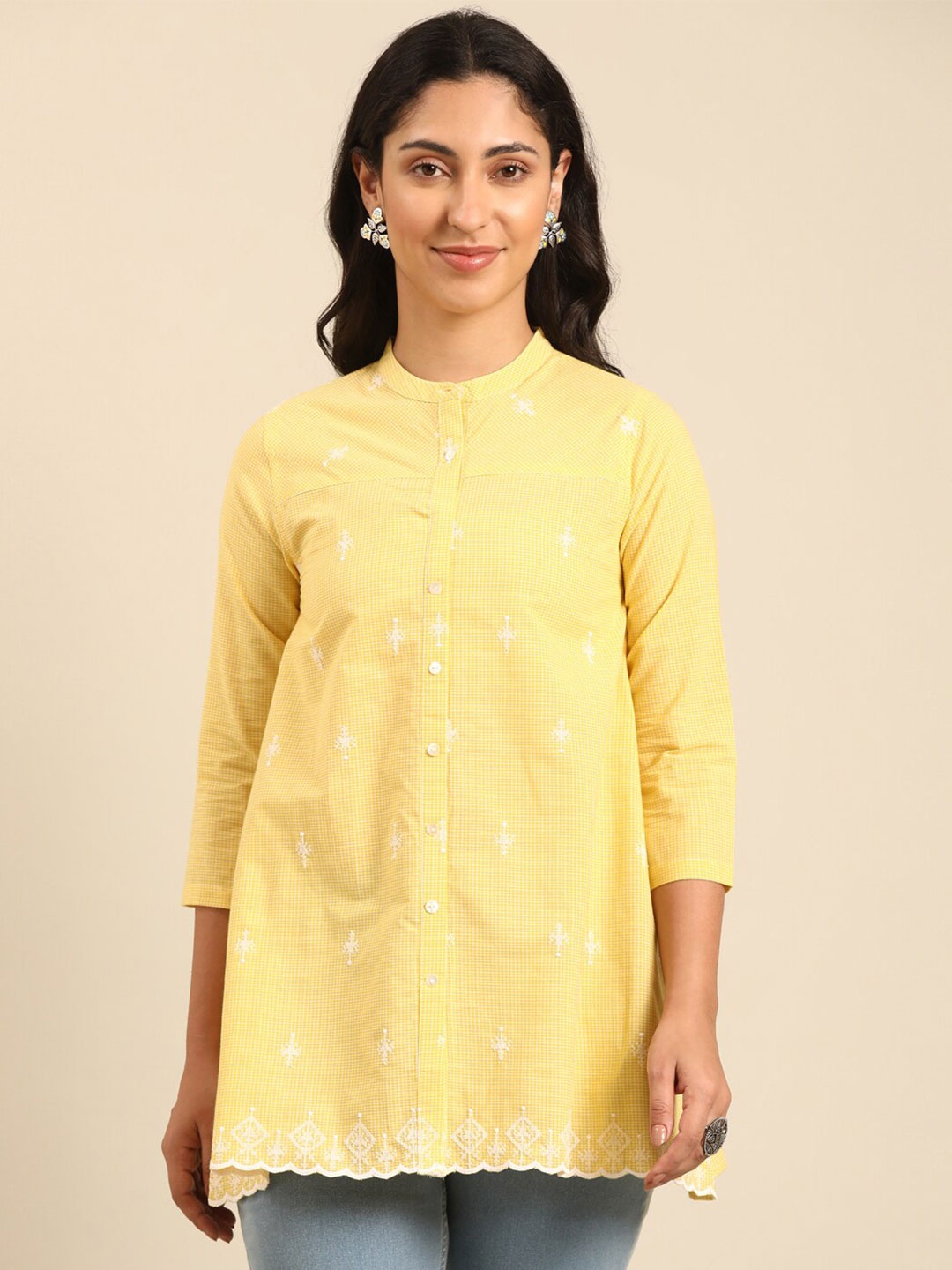 

IMARA Floral Print Mandarin Collar Three-Quarter Sleeves Shirt Style Longline Casual Top, Yellow