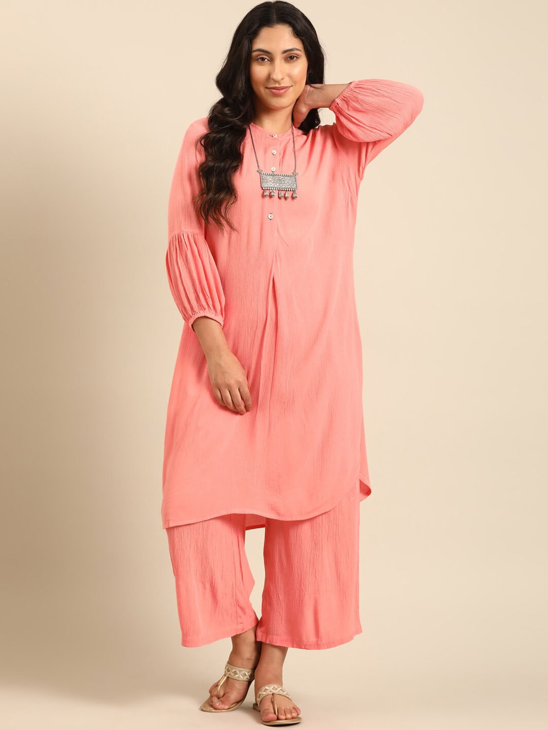 

IMARA Round Neck Straight Kurta with Trousers, Coral